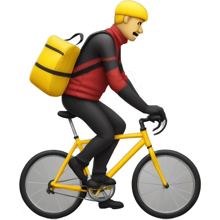 Homme en tenue jaune sur un vélo noir vélo avec un sac rouge carré emoji