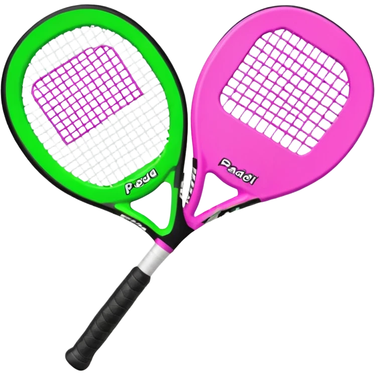 green padel racquet
with white frame
black grip
with a pink "p" in the middle
"padel in action academy" in white on top emoji