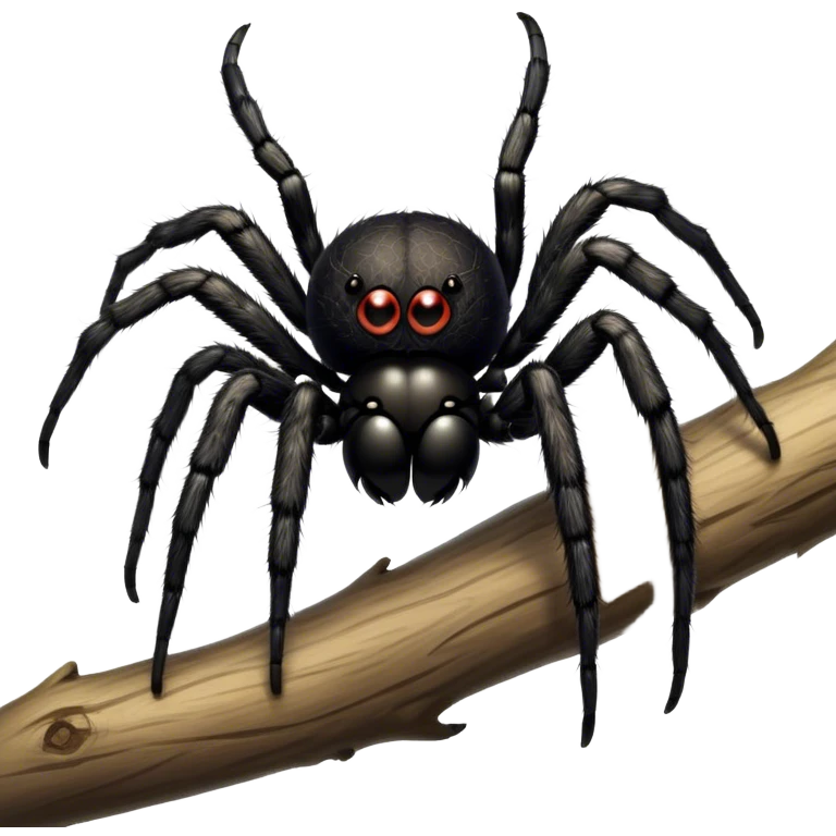 Large black fluffy spider with a big round abdomen and short hairy legs sitting on a branch. Detailed texture of the spider’s fur and body. Transparent background. emoji