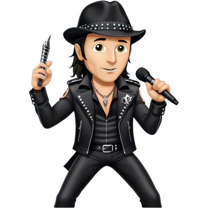 Icon for Rock Music: Klaus Meine holds a microphone stand in his hands performing with Scorpions on stage, with powerful stage presence. The vibe should capture the energetic and iconic sound of Scorpions, with vibrant lighting and a stadium atmosphere. Transparent background. emoji