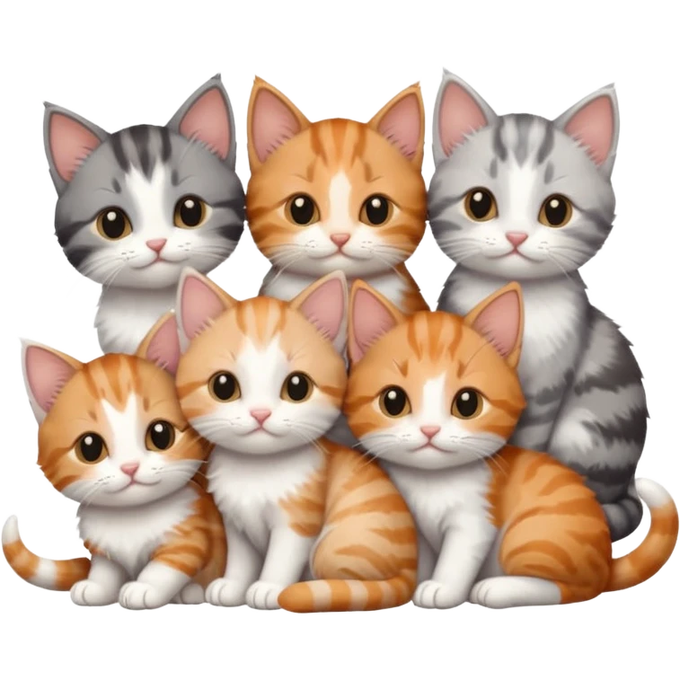 6 tiny kittens cuddling together all various different natural colours including grey and white, ginger and white, calico, grey, and brown tabby and white emoji