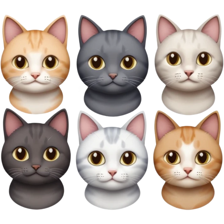 4 different coloured short haired cats including; a dark brown and white cat, and a dark grey and white  emoji