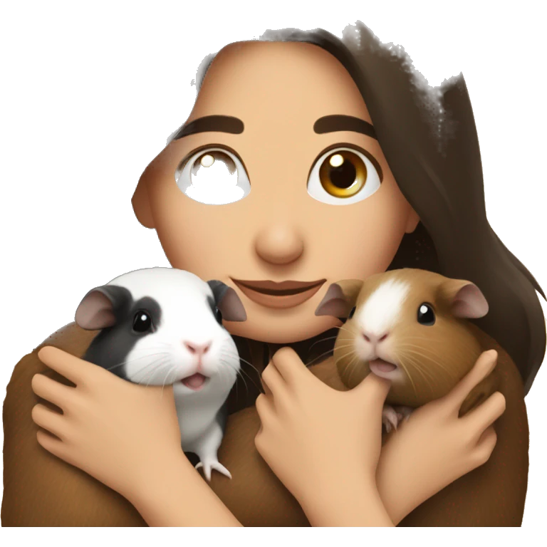 brunette woman hugging two guinea pigs emoji
