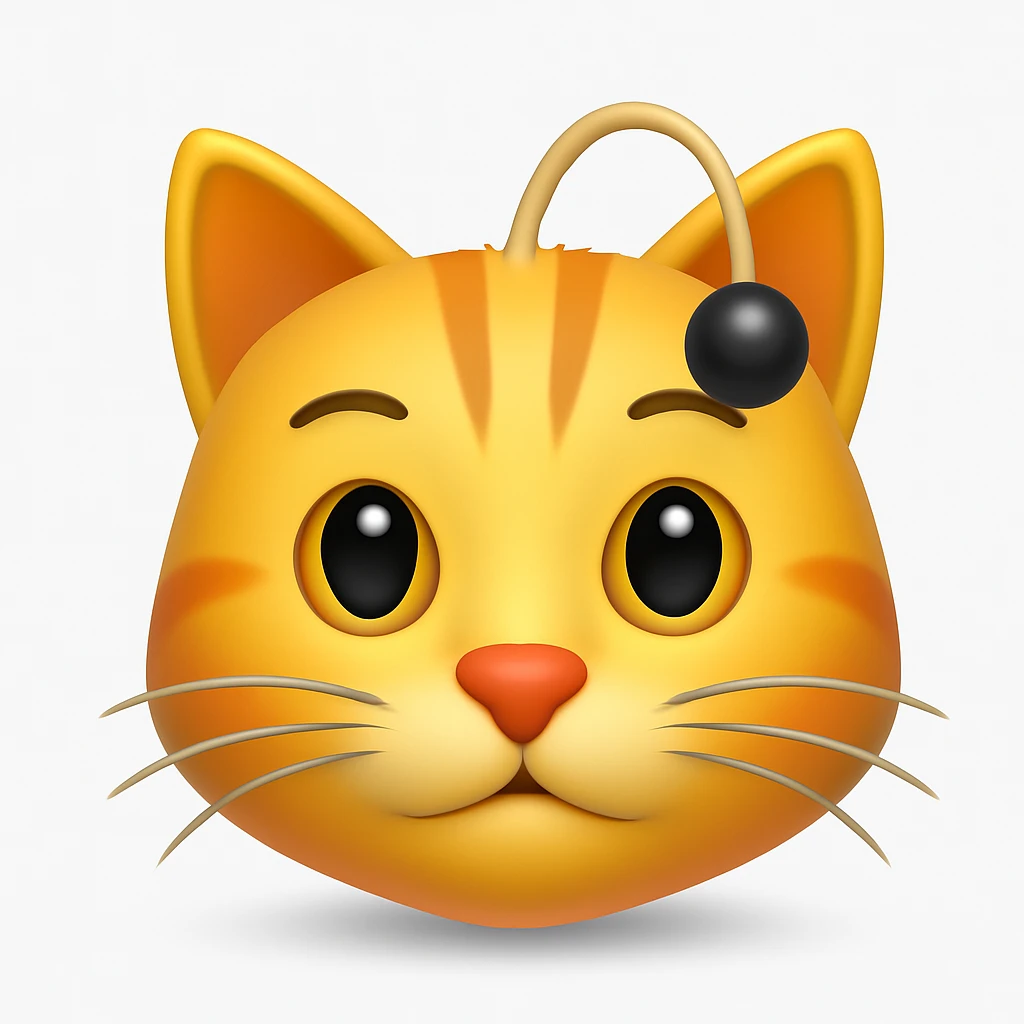 Make a cat face emoji that looks exactly like the reference image, in iOS emoji style. 3D, shiny, smooth gradients, soft shadows, realistic cat face, classic emoji look. Add a soft shadow under the face. emoji