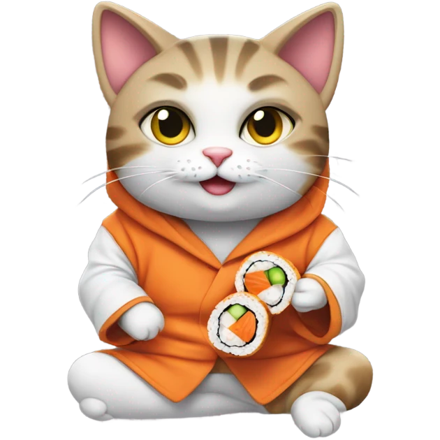 Cat wearing a hoodie eating sushi emoji