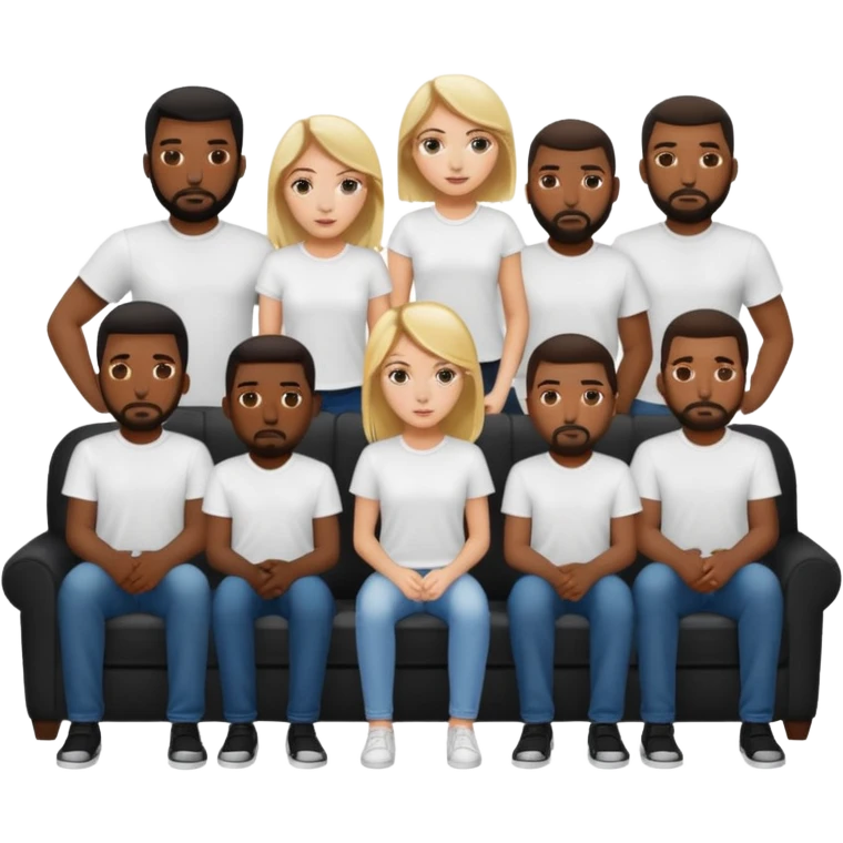 A white girl sitting on a couch with 10 black men in white shirts behind her  emoji
