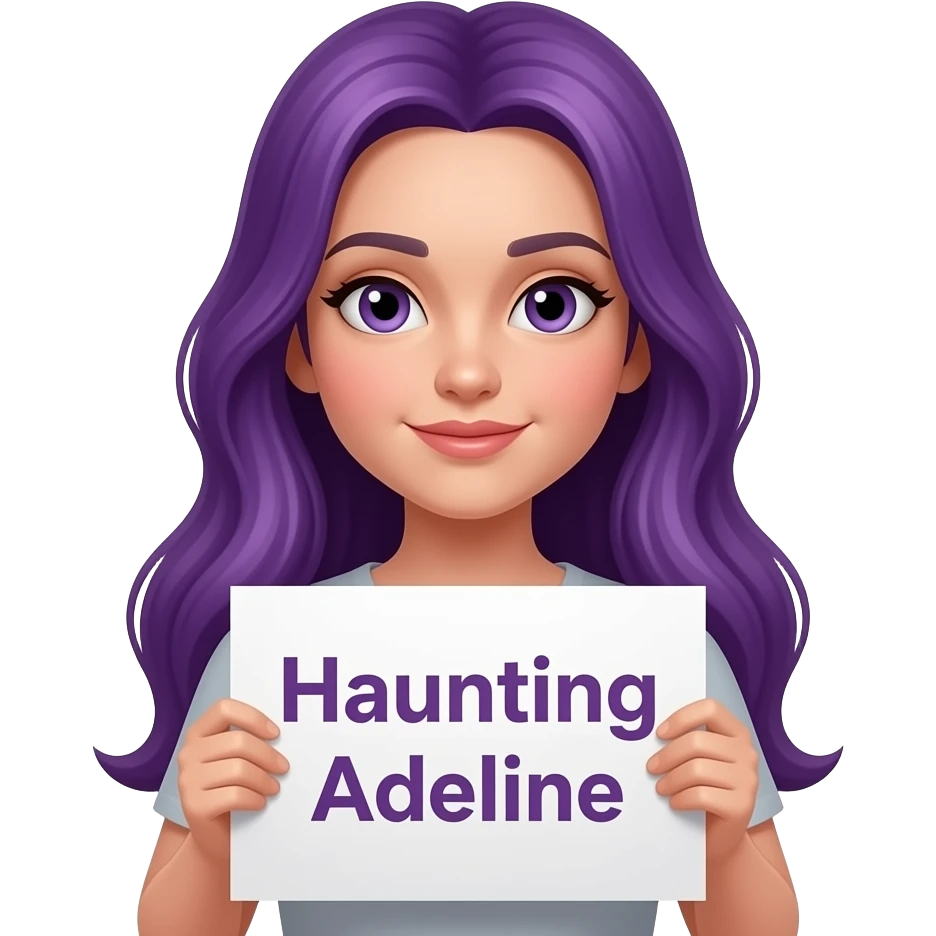 girl with long purple hair with a HAUNTING ADELINE sign emoji