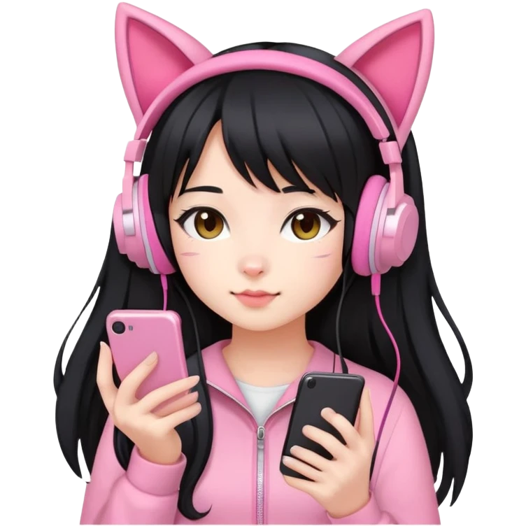 Extra cute Japanese girl with long hair, wearing pink cat ear headphones and holding a mobile phone emoji