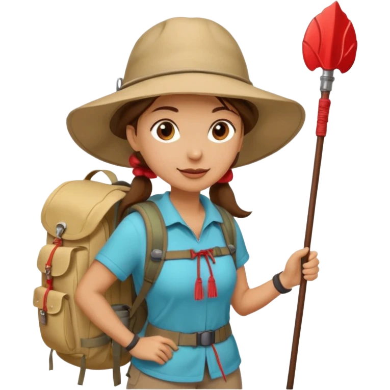 Middle aged women, long brown ponytail with wide brim hiking hat. With backpack and trekking poles. Backpack has a scallop shell with the cross of saint james hanging from it.  Remove the cross and add a scallop shell on a red string hanging from the backpack  emoji