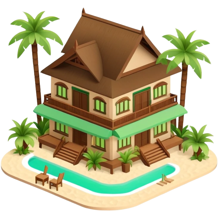 Isometric exterior brown and beige and green luxury polynesian beach resort restaurant, dollhouse style 3D realistic  emoji