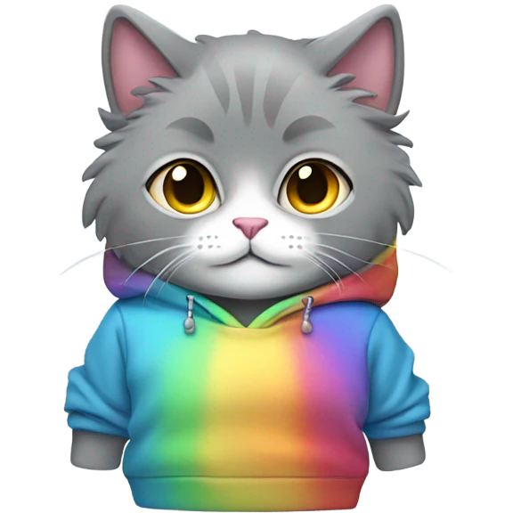 Grey fluffy cat wearing a rainbow hoodie  emoji