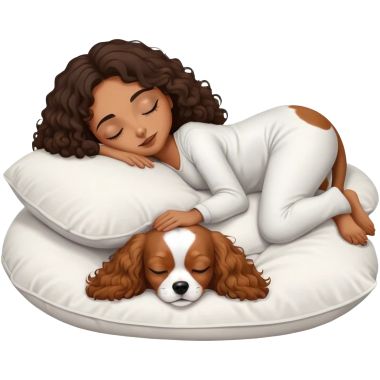 Curly dark hair medium length mixed girl sleeping on pillow with one white and tan cavalier dog emoji