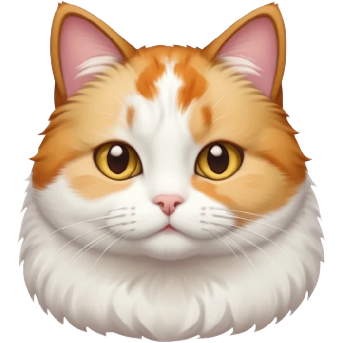 calico and white cat with small head, hazel eyes, and short but chubby body emoji