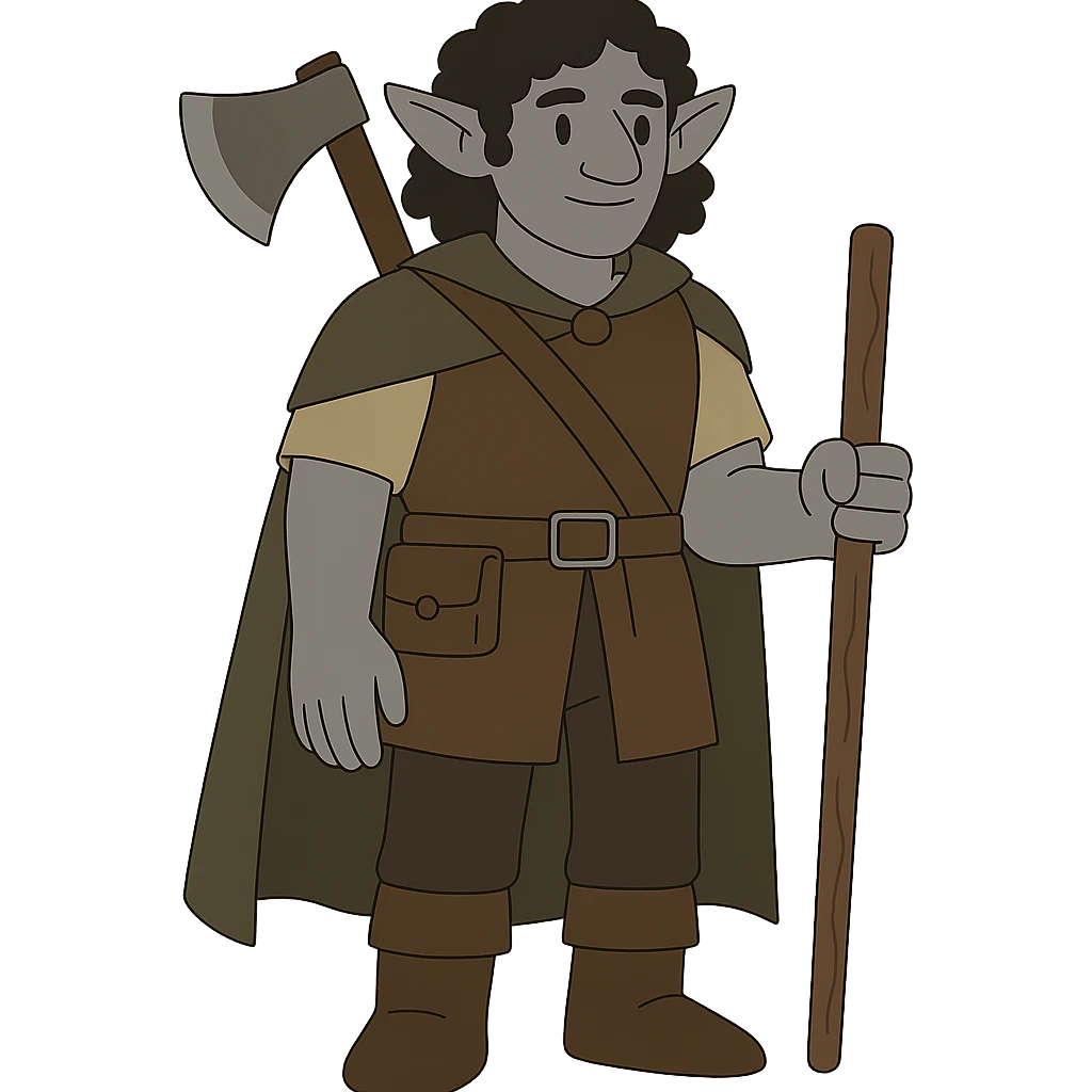 flat toon style DnD firbolg with grey skin and black curly hair, no background emoji