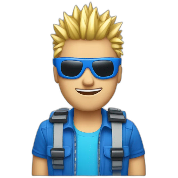 guy with blonde spiked hair, motherboard visor, blue supreme shirt and wink-blink face emoji