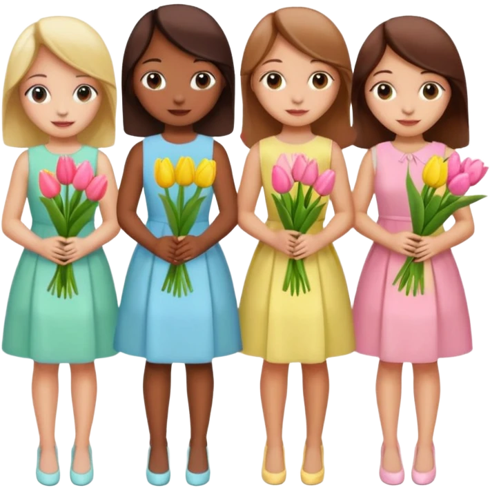 spring girly event - 5 girls wearing pastel dresses holding tulips emoji