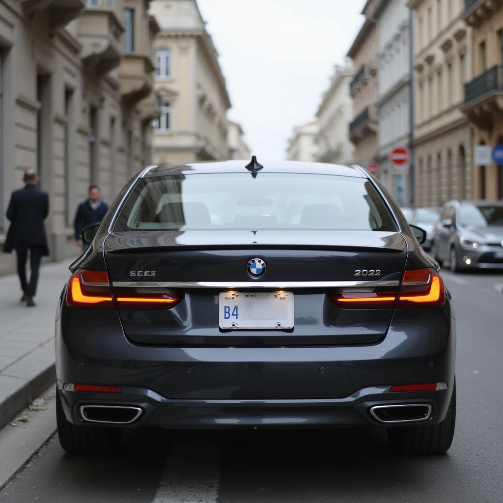BMW Series 7 2022, back view, photorealistic, parked on a Bucharest street, blurry city background, blurred license plate, highly realistic emoji