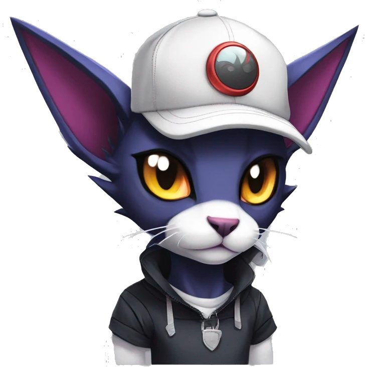 Cool Anthro Absol-Noibat-Litten-Sphynx-Pokémon with edgy stripes collar punk techwear cool fiddler-hat Full Body emoji