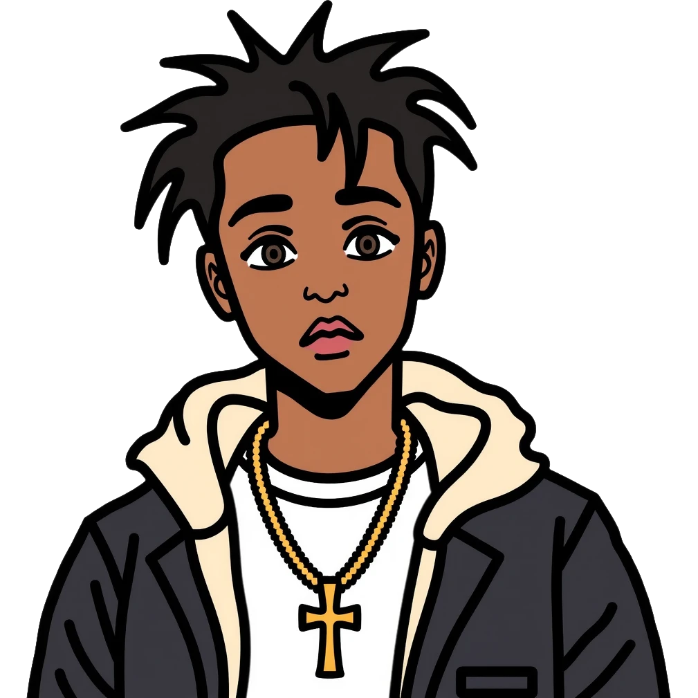 Playboi Carti rapper wearing an upside-down cross necklace emoji