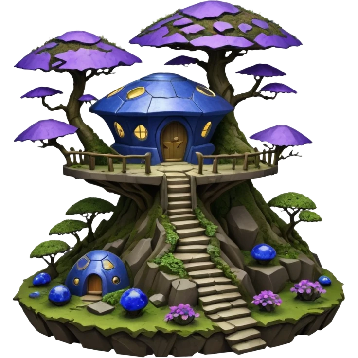Crashed Alien saucer-castle jungle winding footpath mountainside getaway haunted nighttime hobbit landscape antique mudman very old broken cracked intricate Stone Age lapis-crusted irregular dodecagon-shaped shallow dark moss rough bark violet flowered maple treehouse bonsai Saikei emoji
