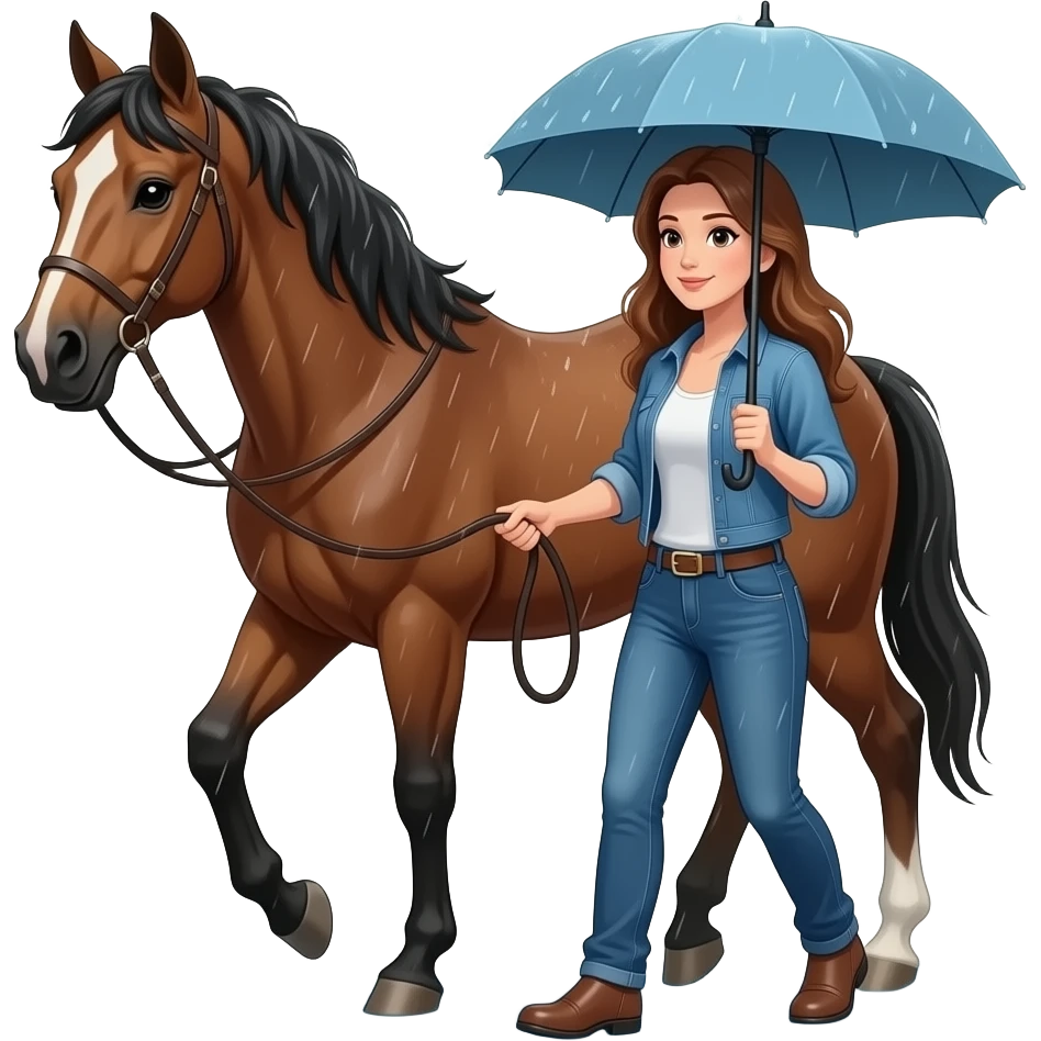 Lady in jeans leading horse in the rain in thunderstorm emoji