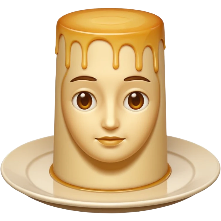 apple style emoji of a bust sculpture made entirely from a tall cylindrical flan with smooth slightly translucent beige gelee texture, stylized simplified features, all made from same flan material, no human colors or details, on a round white plate emoji