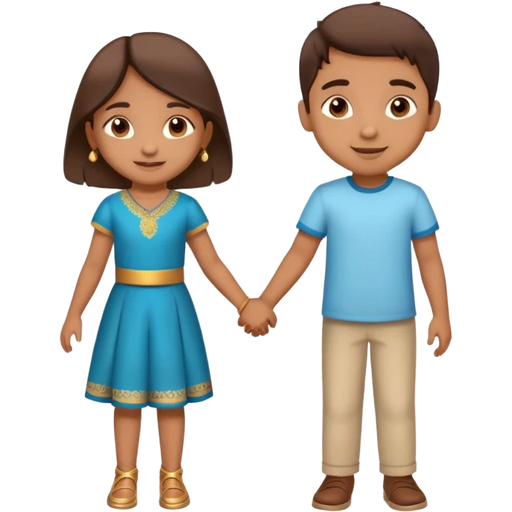 Indian boy and girl holding hands, boy lighter brown, girl medium brown, both children age 5-6, cheerful expressions emoji