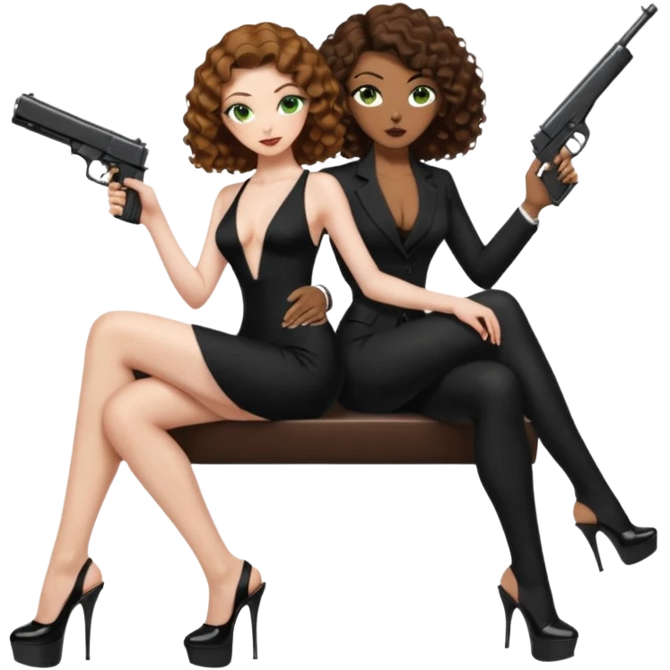 Sensual woman green eyes woman only brown long curly hair evil,with 7 inch platform stripper high heels long low cut black dress,and a gun, she is sitting on a buzz cut hair brown man's pimp lap, holdingwomans butt man is wearing a black suit emoji