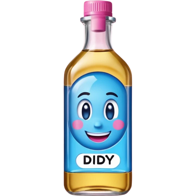 Smiling bottle of oil blue top pink outside with logo that says diddy oil emoji