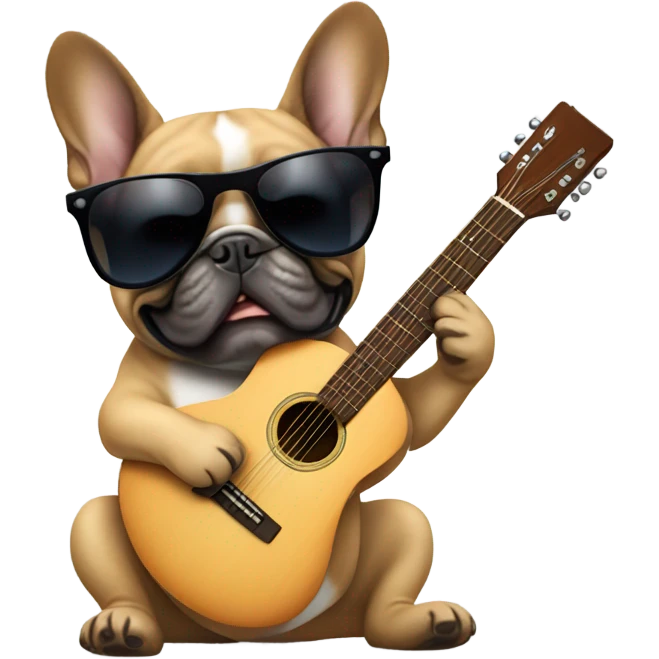 A French bulldog playing an acoustic guitar with dark sunglasses on emoji