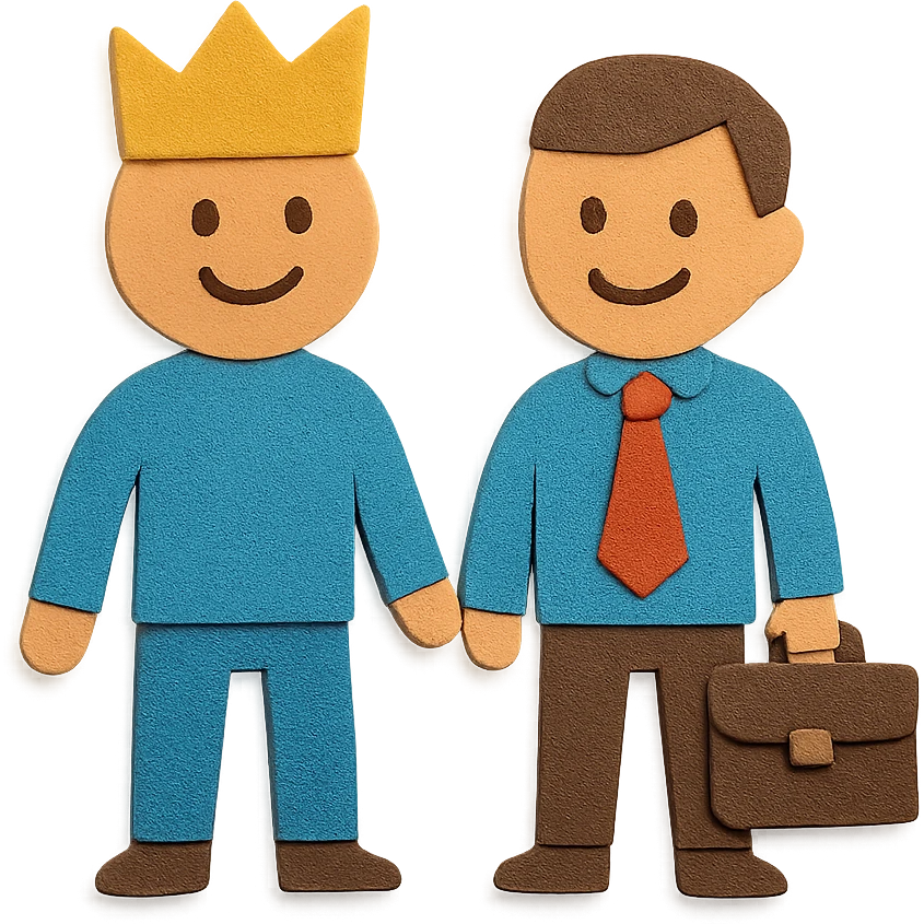 paper craft style two paper cutout figures, one with a crown representing leader, one with a briefcase representing manager, both smiling emoji