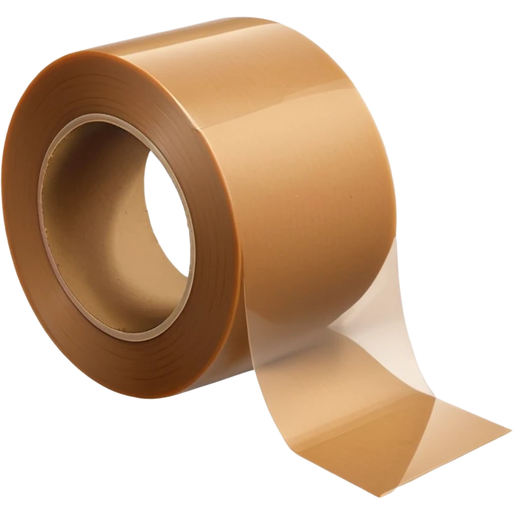 wide roll of brown packing tape with glossy semi-transparent surface and thick cardboard core, one end slightly peeled back, angled for depth, no box or dispenser, apple emoji style, soft lighting, subtle shadows, emoji scale emoji
