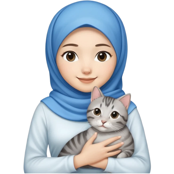 Asian White girl wearing  blue hijab and white dress holding a black grey tabby cat while smiling.  emoji