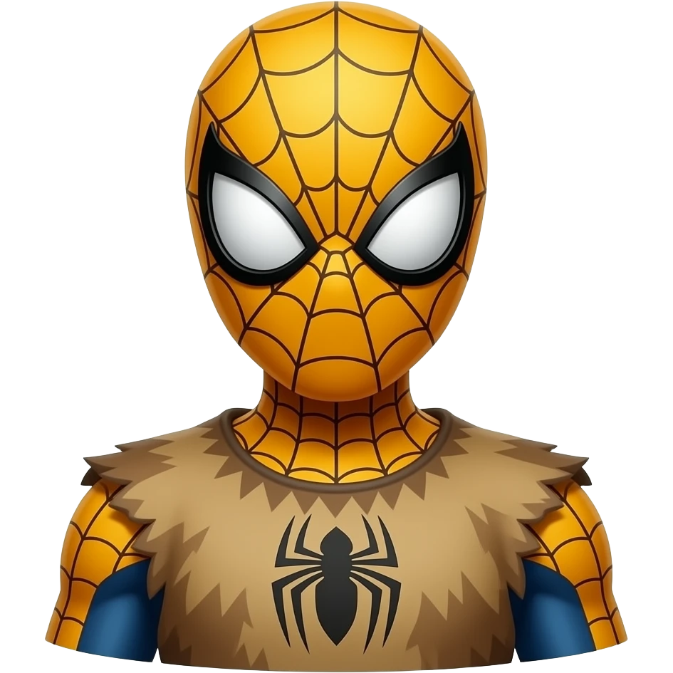 a SPIDERMAN  wearing ancient animal skin cloth, half body, icon, yellow skin emoji