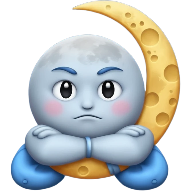 grumpy moon with arms crossed and stars orbiting emoji