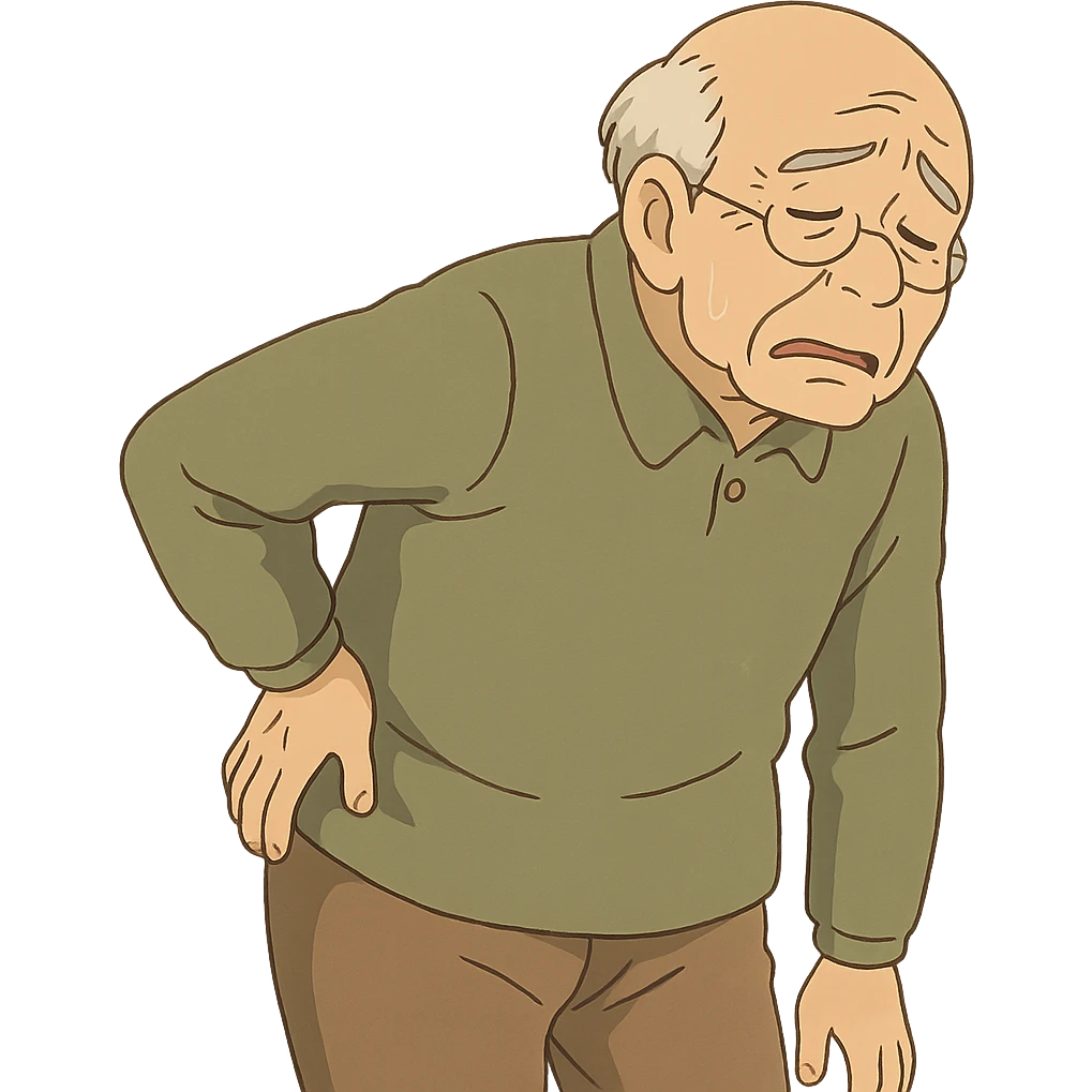 ghibli style elderly person with hand on back, showing discomfort, no text emoji