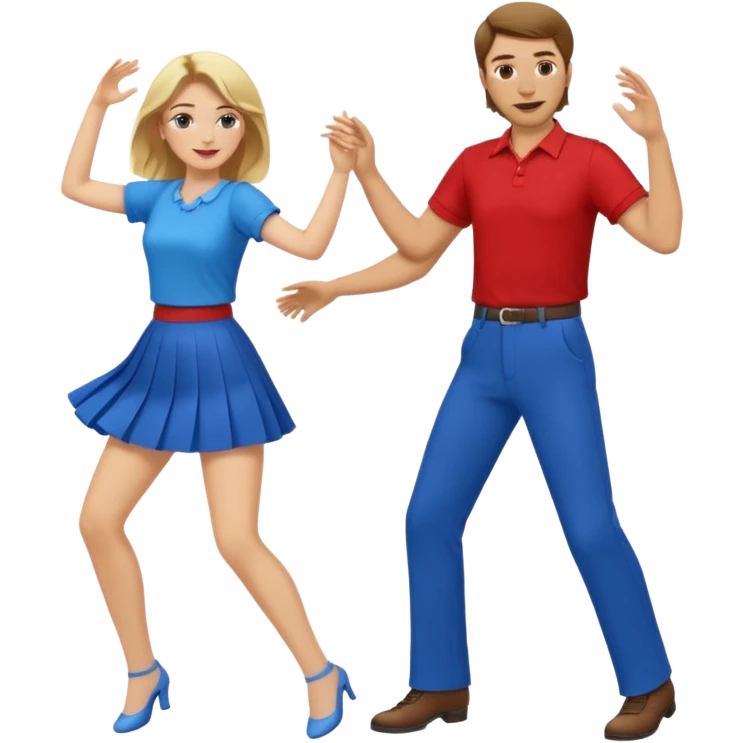 Two people dancing. Man in red shirt and pants with brown hair. Women in blue shirt and skirt with blond hair. emoji