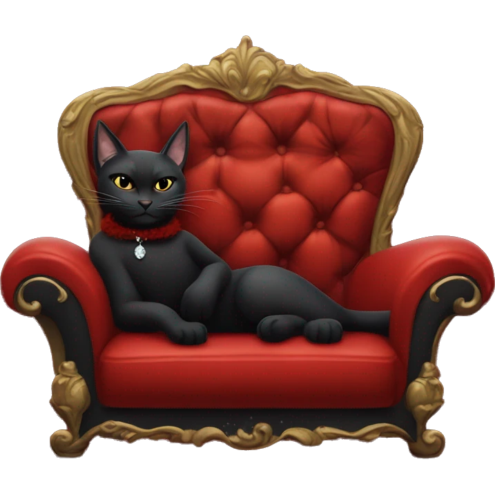 black cat wearing a boa laying down on a sultry red couch smoking a cigarette with a martini  emoji