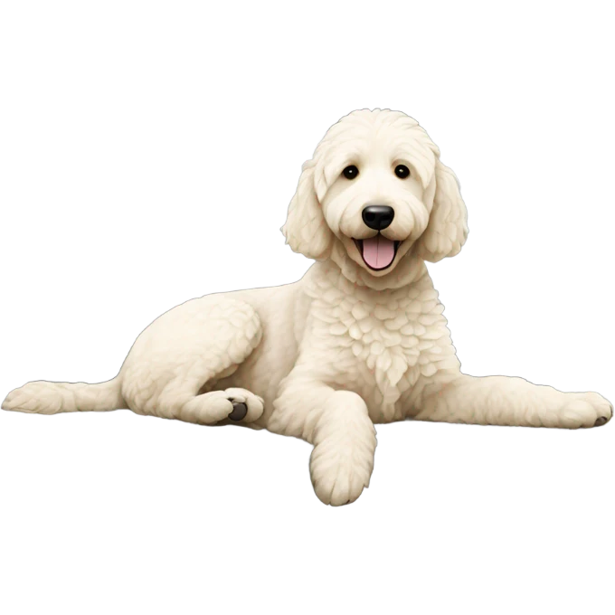 White cream golden doodle laying on a gray couch emoji