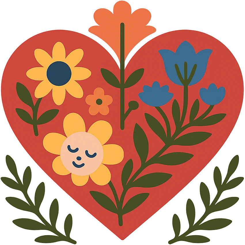 Red heart with Slavic folk art, bold nature motif, geometric flowers and leaves, inspired by Polish Wycinanki paper cut designs, with transparent background. emoji