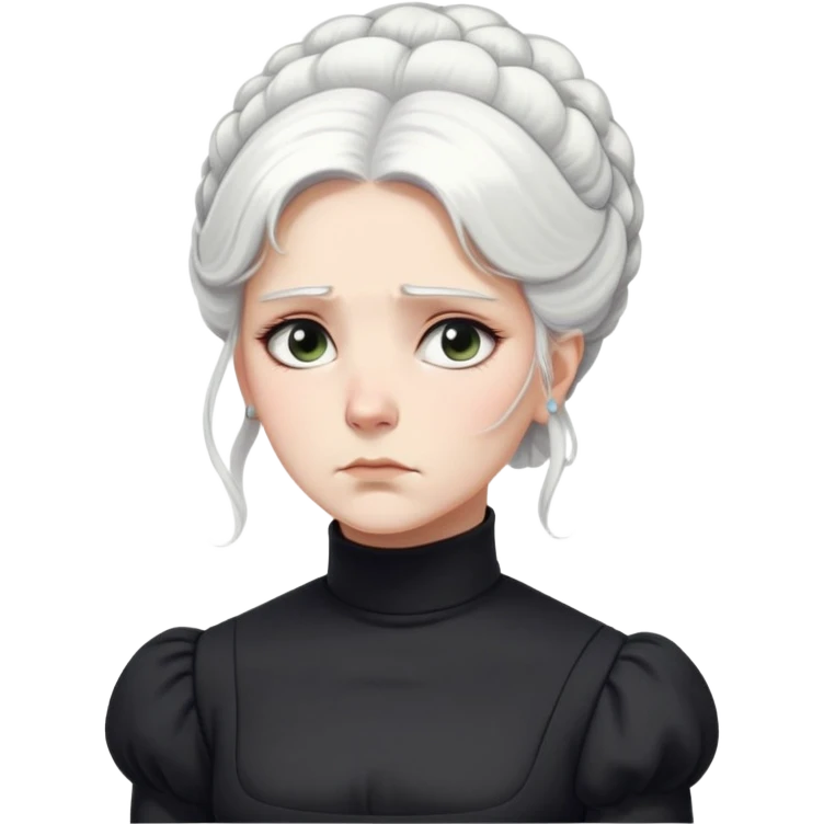 A Victorian woman with simple yet elegant coiffed white hair and light eyes wearing a simple monochrome black turtleneck mourning dress with puffed sleeves looking down with a forlorn, miserable expression emoji
