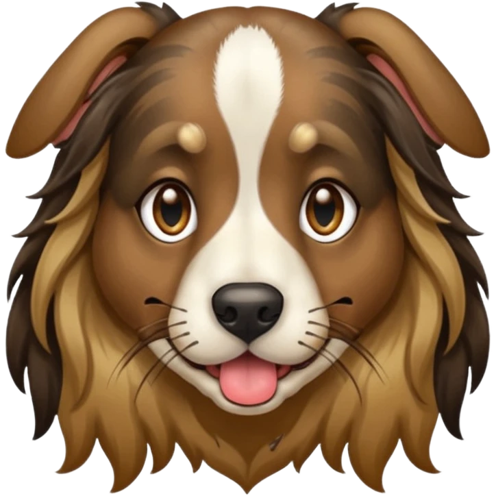 dog face with long black+brown brindle coat and bridge of nose. ears stand up w/ tips folded down. make eyes light brown-ish gold. widen tongue and add dark splotch. keep mane long.  emoji