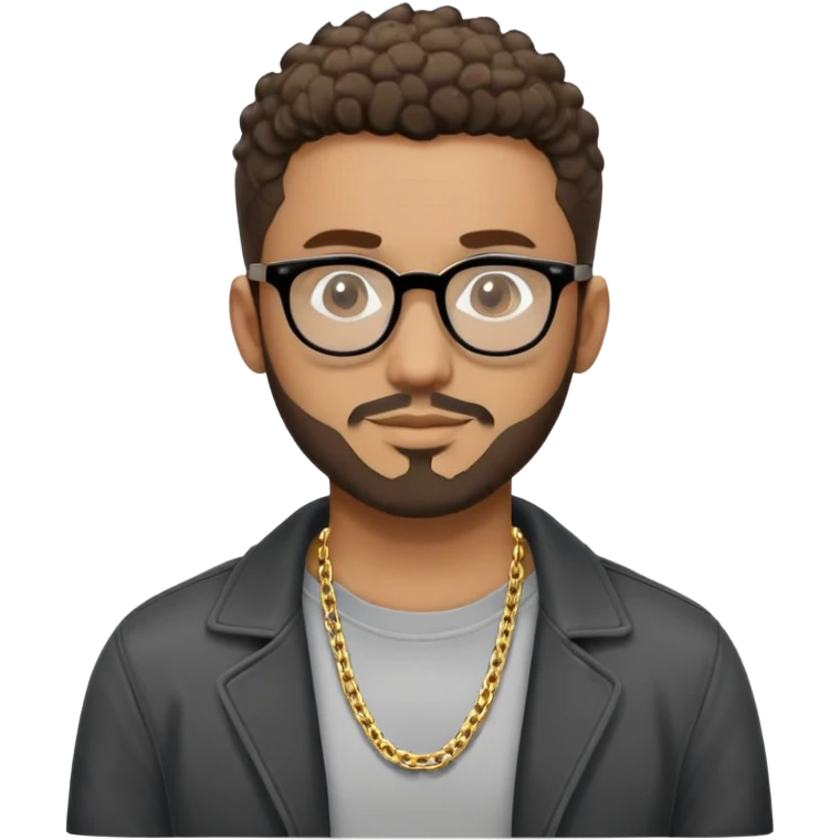 Hombre latino piel marron claro, cara estirada ovalada, gafas redondas oscuras, barba corta, pelo muy corto fade a los lados medio risado. Sonrisa leve, expresión tranquila. Camiseta gris, jacket negro abierto, collar G dorado emoji
