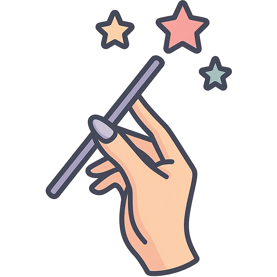 Elegant female hand with almond-shaped nails holding a magic wand upwards, stars flying out of the wand, Chinese Eastern style, thin clean contours, soft rounded shapes, pastel palette #98B5BC, #B5B3C1, #C9A3C9, #E4C0CA, #F7DCD1, #F7C0AA, detailed shadows and highlights, soft lighting, transparent background, no decorative elements. emoji