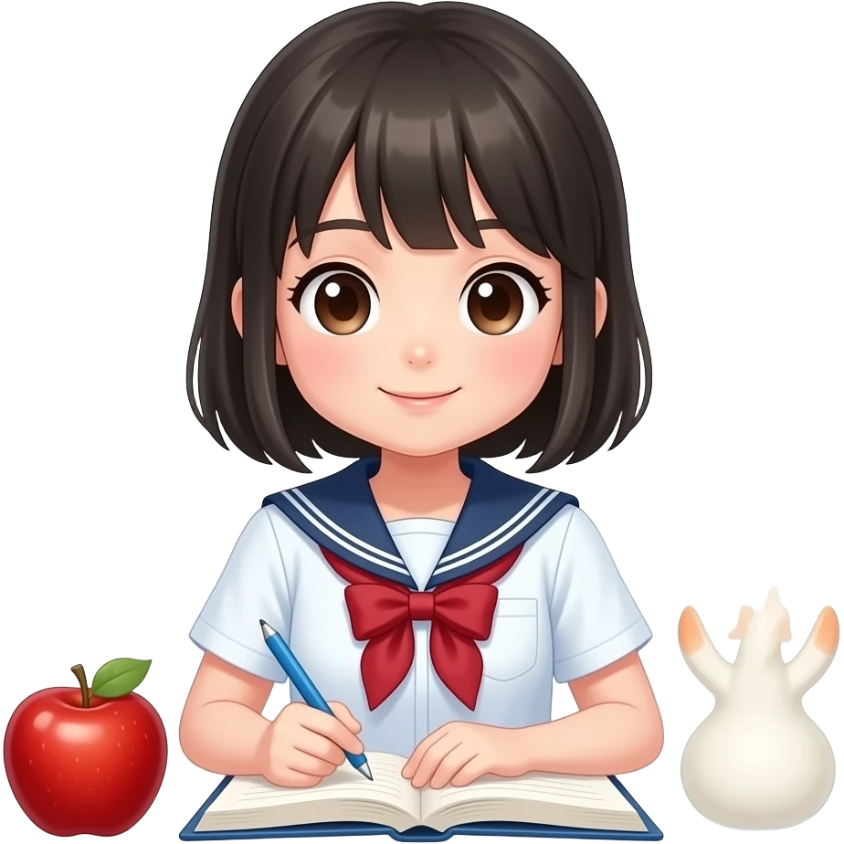 Japanese high school girl studying with apple emoji style emoji