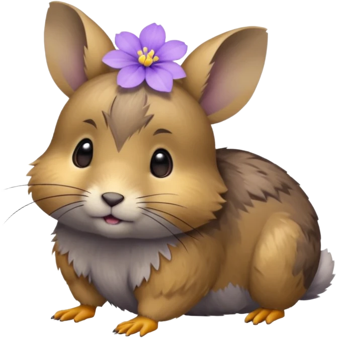 small round pika on all fours, turned at an angle, with a small light purple flower in its mouth emoji