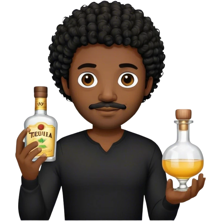 dark black guy, short black curly hair, facial hair, holding tequila, black shirt  emoji