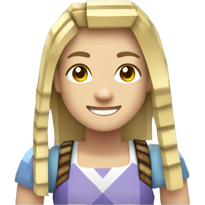 Minecraft avatar. woman. blond hair in ponytail. smiling, square features emoji