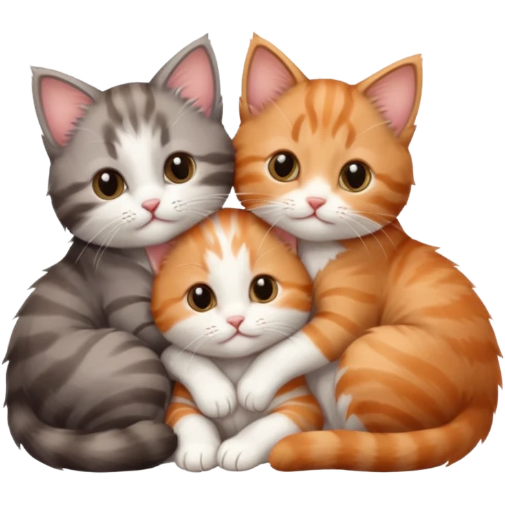 3 tiny kittens cuddling together all different colours, the first one is grey and white, the second is ginger and white and the third is brown tabby and white emoji