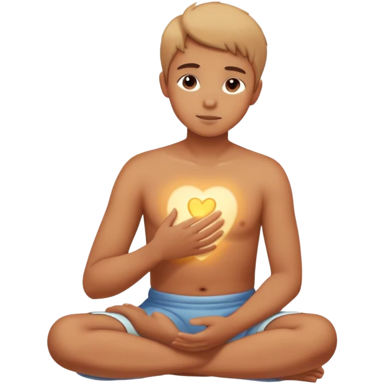 A person sitting still with their hand gently placed on their chest. A soft, warm light begins to emerge from within.  faint, blurred images of childhood moments float in the air, still distant slowly clearer as they focus on present emoji